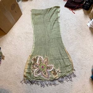 Anthropologie Green Embroidered Flower Scarf